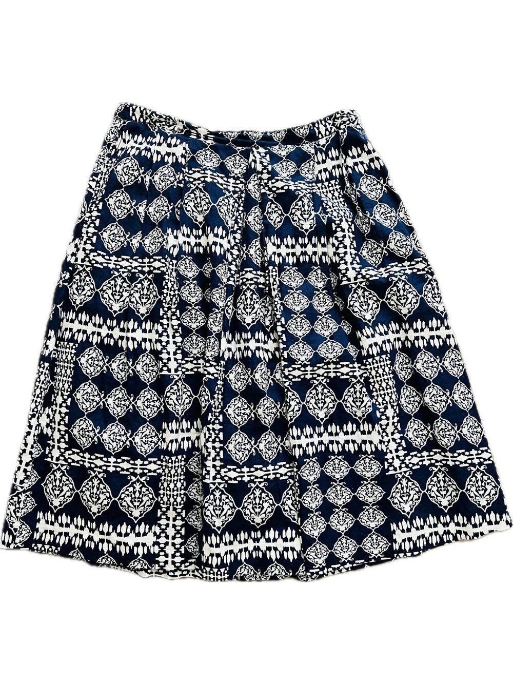 Ganesh 100% Linen Navy Blue Geometric Print Midi Skirt Natural Boho Pockets